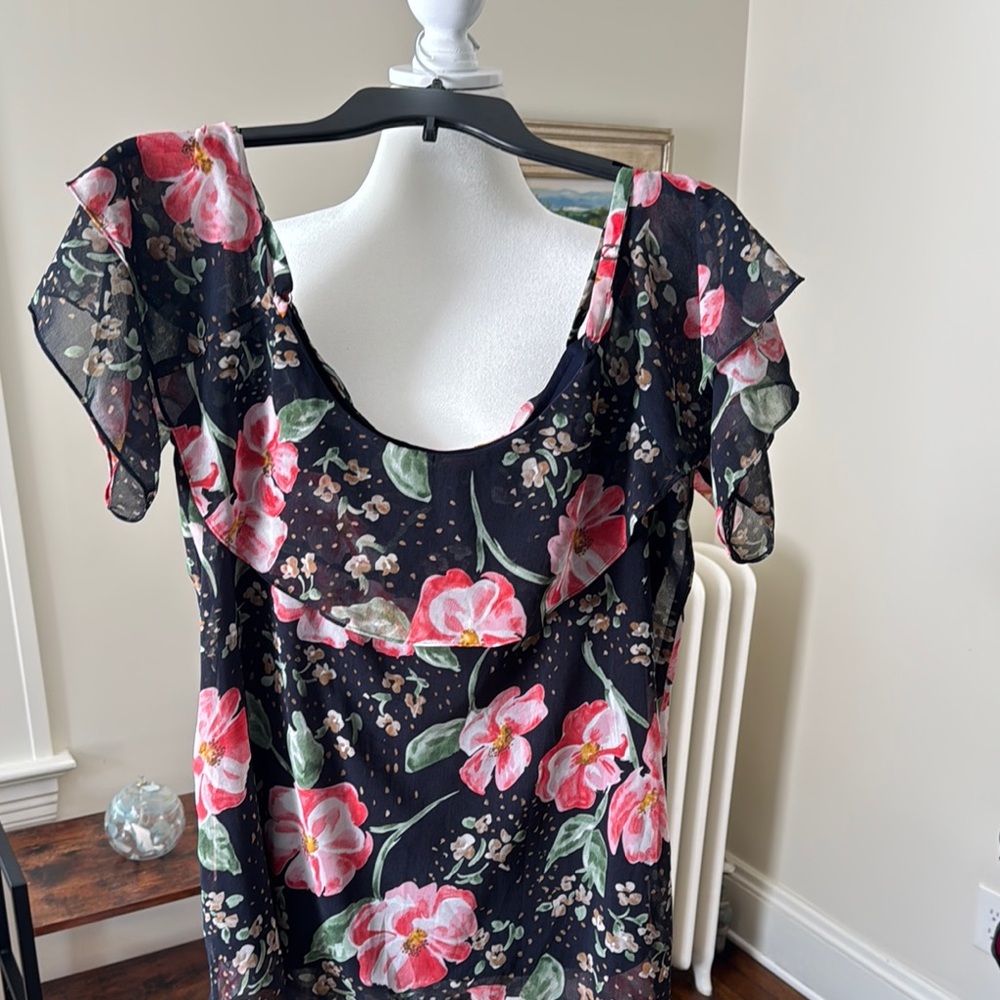 CAbi Black and Pink Flutter Sleeve Floral Blouse